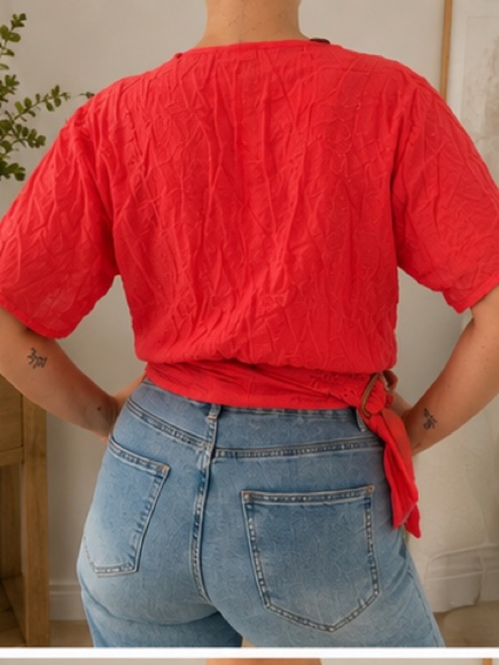 Scalloped Eyelet Wrap Blouse in Red - Picture 2 of 4